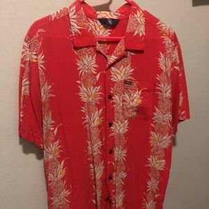 Volcom Palm Glitch Red Hawaiian Shirt (Large)